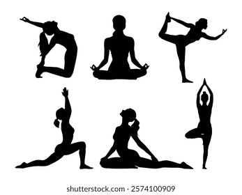 Women practicing Meditation and Yoga vector silhouette set, Girl stretching and relaxing her body in different fitness poses, isolated on white background