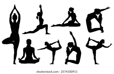 Women practicing Meditation and Yoga vector silhouette set, Girl stretching and relaxing her body in different fitness poses, isolated on white background