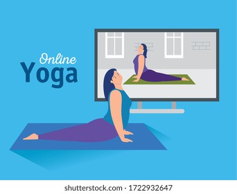 women practicing yoga online technology vector illustration design