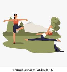 Women practicing yoga in a park in flat vector illustration symbolizing fitness, mindfulness, and outdoor exercise, isolated on white background.