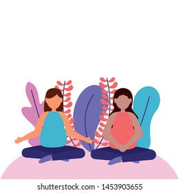 women practicing yoga pregnancy and maternity scene flat vector illustration
