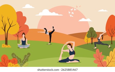 Women practicing yoga in scenic autumn landscape, surrounded by colorful trees and a warm sunset sky..