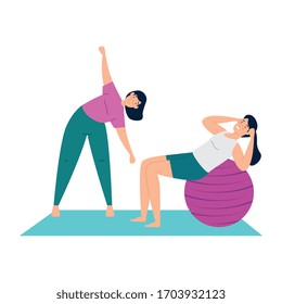 women practicing yoga and stretching vector illustration design