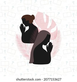 Women Praying to God silhouettes on pink background. Christian Religion concept.