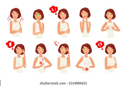 Women pregnancy signs icons set. Cartoon expected mother vector characters. Pregnant woman sickness, nausea isolated pack on white background. Medical informative banner, poster design elements.