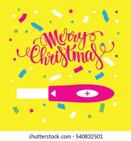 Women pregnancy test with Merry Christmas lettering and confetti.
Cute gift. Vector illustration flat style.