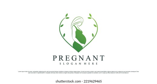 Women pregnant logo design template with heart shaped and leaf element concept