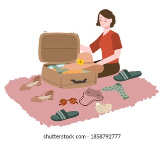 Women prepare clothes put suitcase for travel white isolated background with flat cartoon style vector design illustration