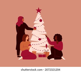 Women preparing for Christmas holidays and decorating Xmas tree. Females of different cultures and ethnicities gathered together near festive fir. Vector illustration