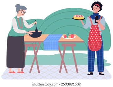 Women preparing salad using fresh ingredients. Happy family cooking food, festive dinner. Girl with smartphone making pictures of birthday cake. Cooking food, meal preparation, culinary concept