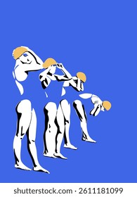 Women preparing for a swim standing on the edge of the pool. Vector illustration.