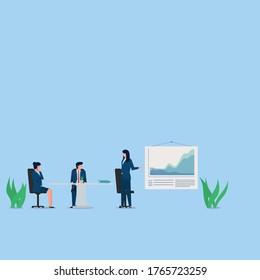 Women present with screen and distance between other people metaphor of physical distancing. Business flat vector concept illustration.