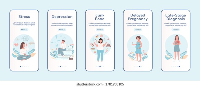 Women problem onboarding mobile app screen flat vector template. Female healthcare. Walkthrough website steps with characters. UX, UI, GUI smartphone cartoon interface, case prints set
