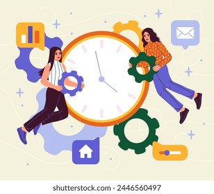 Women with productivity. Young girls with coghweels and gears near clocks. Time management and organization of efficient work process. Cartoon flat vector illustration isolated on yellow background