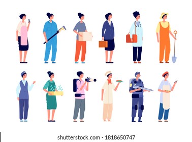 Women in profession. Female group professionals, diverse lady worker characters. Business career, girl plumber military scientist vector set