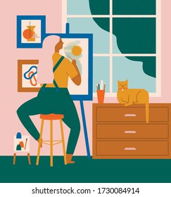 Women  professional artist painting art in the home art studio near the window illustration in vector. Lockdown isolation period people activity. 