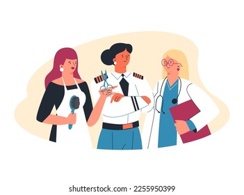 Women professionals in law enforcement, medicine and service industries, flat vector illustration isolated on white background. Moden women high professionals.