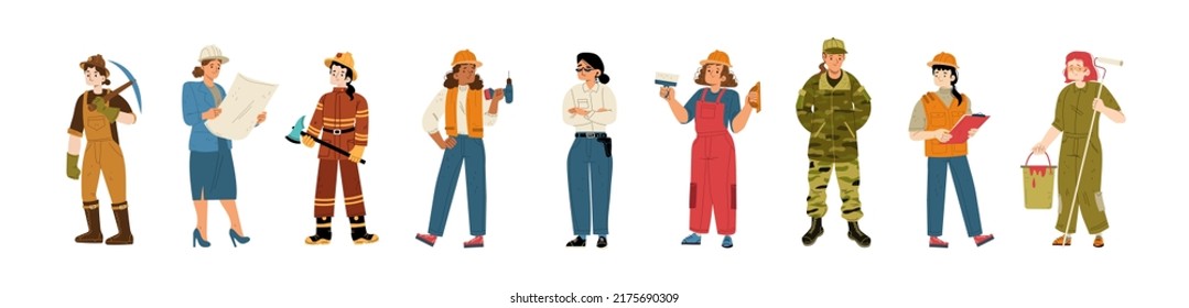 Women professions, female characters occupation, girls wear uniform work architect, firefighter, constructor, police officer, builder, military or security guard, Line art flat vector illustration