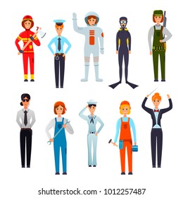 Women professions flat character set with police officer firefighter orchestra conductor navy sailor diver isolated vector illustration 