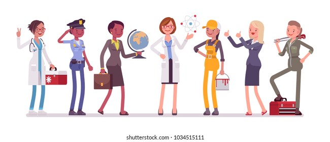 Women professions set. Female collection of occupation, training and qualification poster, choice to make after school or college. Vector flat style cartoon illustration isolated on white background