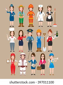 women professions set.police woman doctor nurse chef teacher astronaut firewoman busibesswoman worker farmer gardener mechanic waitress stewardess housemaid delivery manager in uniform