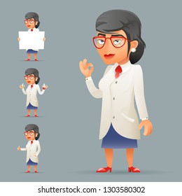 Women professor expert scientist genius character icons set retro design cartoon vector illustration