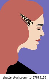 Women profile with long red hair and ltopard barrette and hairpin fashion vector illustration