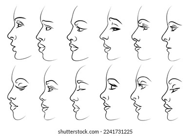 women profile portrait. Woman line art set with black thin line. Elegant women face side view, beautiful female portraits collection.