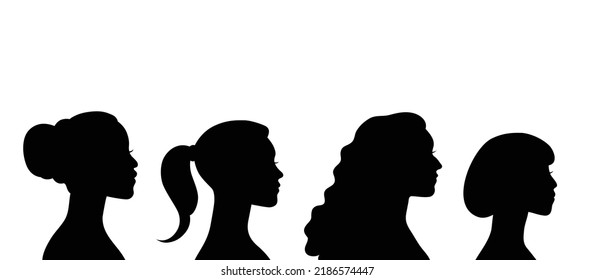 Women profile portraits black silhouettes of different ethnicities. 8 march international women's rights day vector banner.