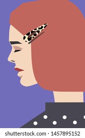 Women profile with short red hair and leopard barrette and hairpin fashion vector illustration