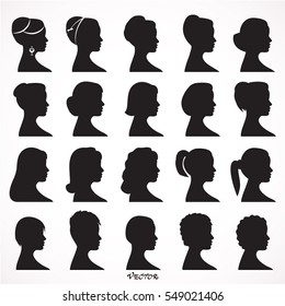 Women Profile Silhouettes - Vector Illustration, girls silhouettes with 20 different hairstyle for your design.