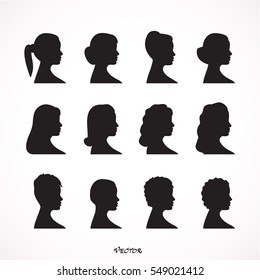 Women Profile Silhouettes - Vector Illustration, girls silhouettes with 12 different hairstyle for your design.