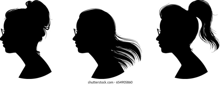 Women Profile Silhouettes, Wearing Glasses, Vector Illustration