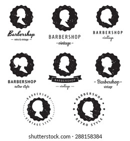 Women profiles silhouettes barbershop (hair salon) logo-badges vintage vector set. Hipster and retro style. Perfect for your business design.