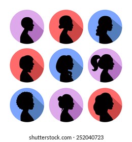 Women profiles silhouettes vector icon set. Black on the color badges.