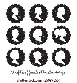 Women profiles silhouettes vector set. White on the black badges.