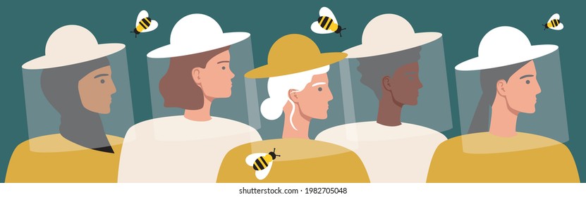 Women protect bees. Flat vector stock illustration. People are beekeepers in masks. Bees as a species. Save the insects. Female beekeeping concept. Isolated illustration