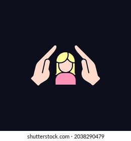 Women protection RGB color icon for dark theme. Protect girls against violence. Female empowerment. Isolated vector illustration on night mode background. Simple filled line drawing on black