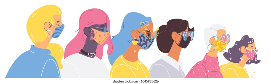Women in protective and fashion face masks. Heads with glasses and accessories in various colors