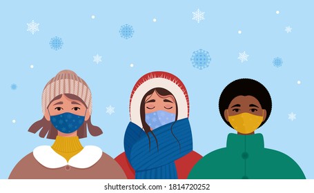 Women in protective masks in winter. Coronavirus covid-19 concept. Vector illustration in flat style