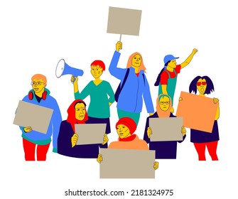 Women protest against abortion ban and war. Feminists fight for freedom, equality, human rights. Girls hold posters. Empty space for lines. Concept of female activism. Flat design illustration, vector