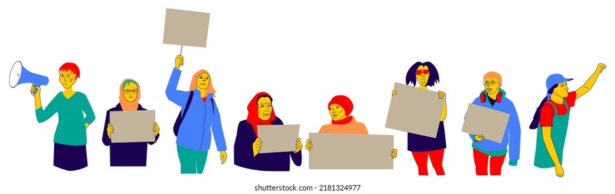 Women protest against abortion ban and war. Feminists fight for freedom, equality, human rights. Girls hold posters. Empty space for lines. Concept of female activism. Flat design illustration, vector