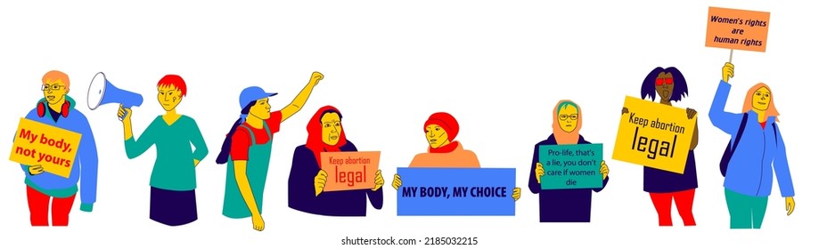 Women protest against abortion ban. Feminists fight for freedom, equality, human rights. Girls hold posters. Concept of female activism, abortion-rights movements. Flat design illustration, vector