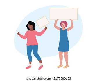 Women protest. Demonstration with placards templates. Angry girls holding blank protest posters in hands. African american woman shoutes and raises fist. Flat vector illustration. 
