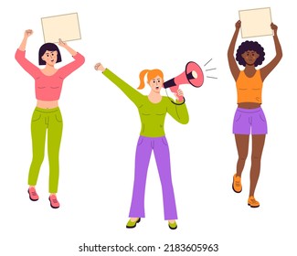 Women protest with empty banners, strike street demonstration, voice with megaphone. Social political demonstration, human right, protest, meeting concept.
