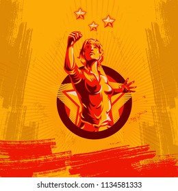 Women protest fist revolution poster design. Propaganda Background Style.