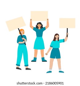 Women protest holding banners. Empty posters for manifestation. Demonstration for women rights. Vector illustration of manifesting activists.