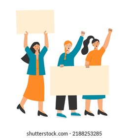 Women protest holding banners. Empty posters for manifestation. Demonstration for women rights. Vector illustration of manifesting activists.