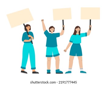 Women protest holding banners. Empty posters for manifestation. Demonstration for women rights. Vector illustration of manifesting activists.