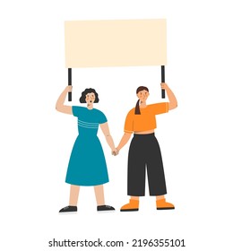 Women protest holding empty banner. Demonstration for women rights. Vector illustration of manifesting activists holding hands.